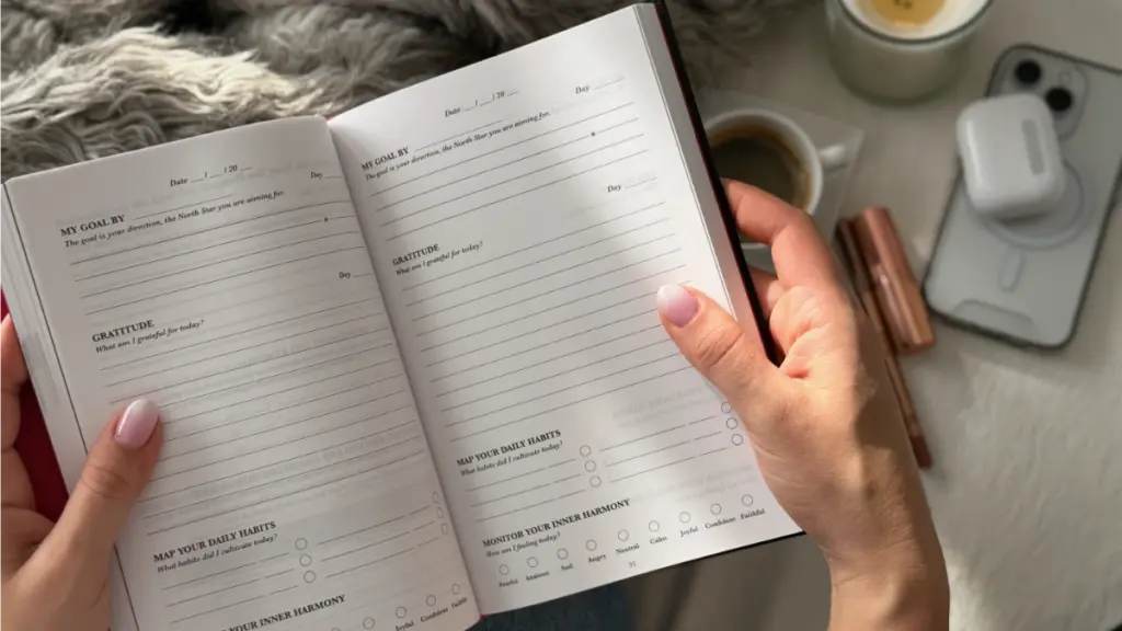 Each day offers space for goal-setting, gratitude, and habit tracking, followed by gentle self-reflection prompts.