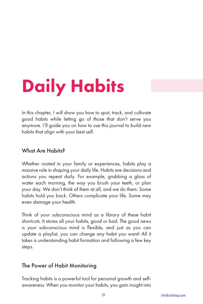 Daily Habits chapter from the iAmEvolving™ Guidebook explaining how to build and track supportive routines.