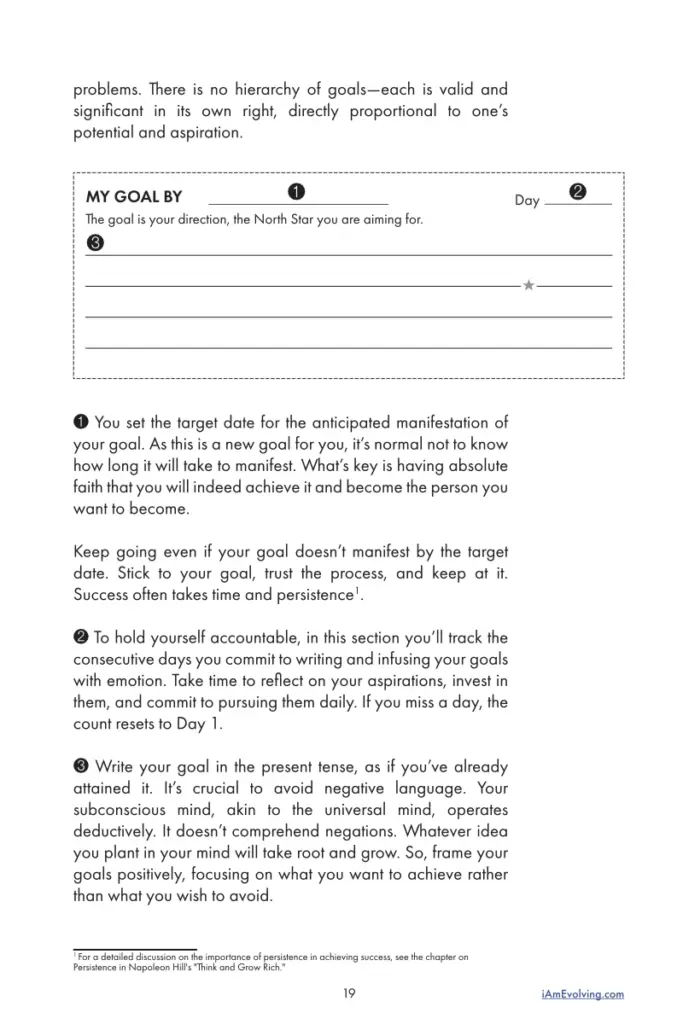 Goal-setting layout from the iAmEvolving™ Guidebook showing the “My Goal By Day” structure.