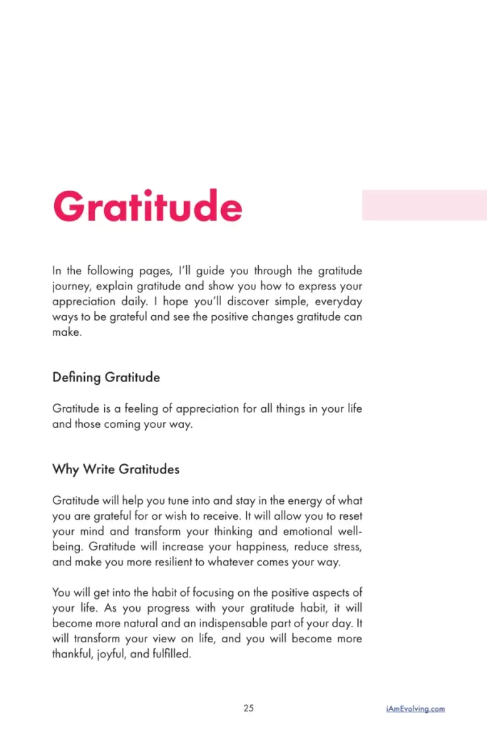 Gratitude chapter introduction from the iAmEvolving™ Guidebook explaining the power of daily appreciation.