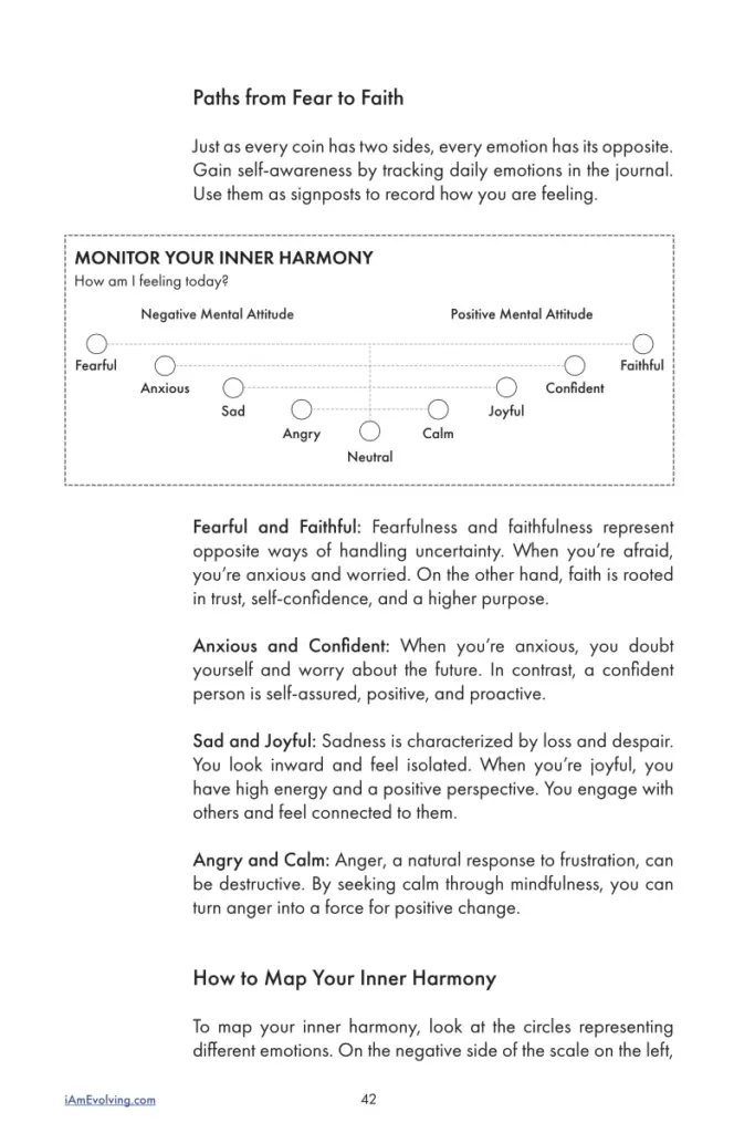 Inner Harmony emotional scale from the iAmEvolving™ Guidebook showing the path from fear to faith.