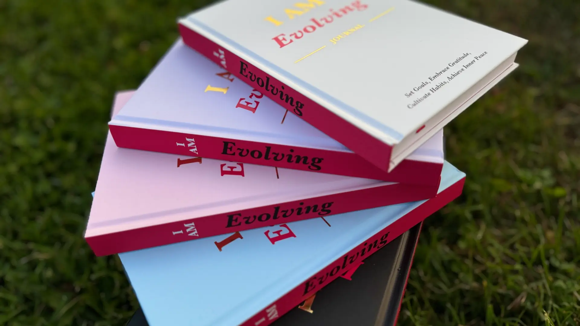 Stack of iAmEvolving Journals in different colors on the grass