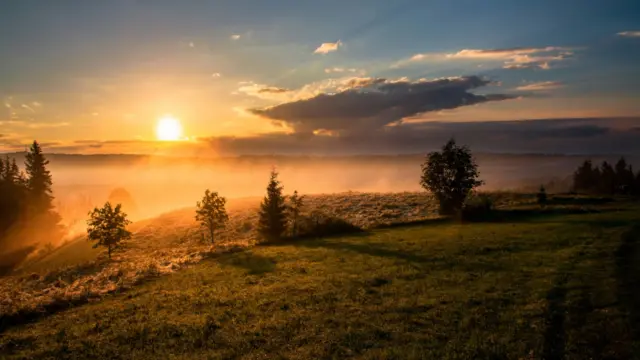 Sunrise over a misty field, representing fresh starts, positivity, and morning motivation.