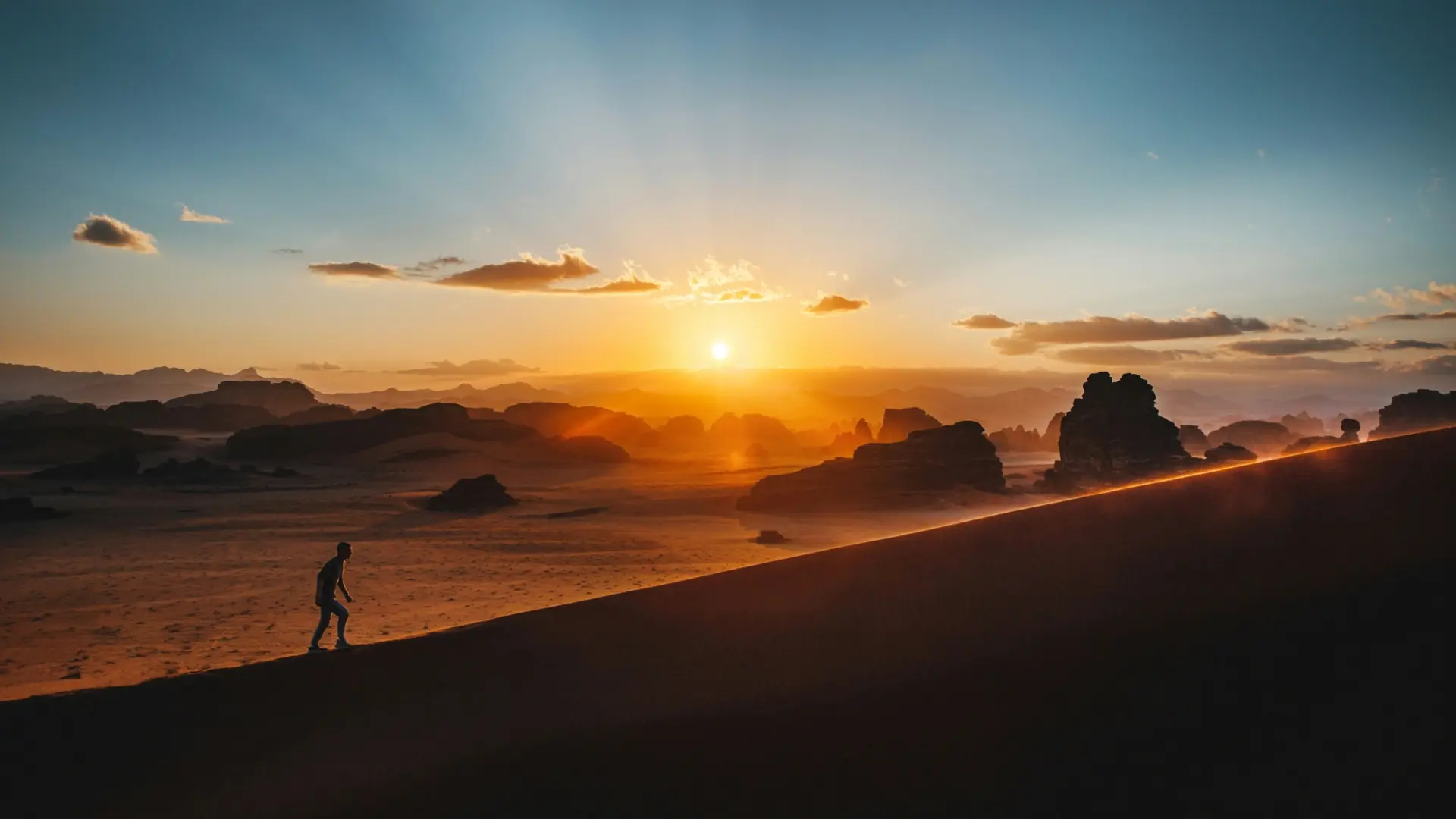 Person walking toward sunrise in a vast desert, symbolizing the journey from fear to faith and inner transformation.