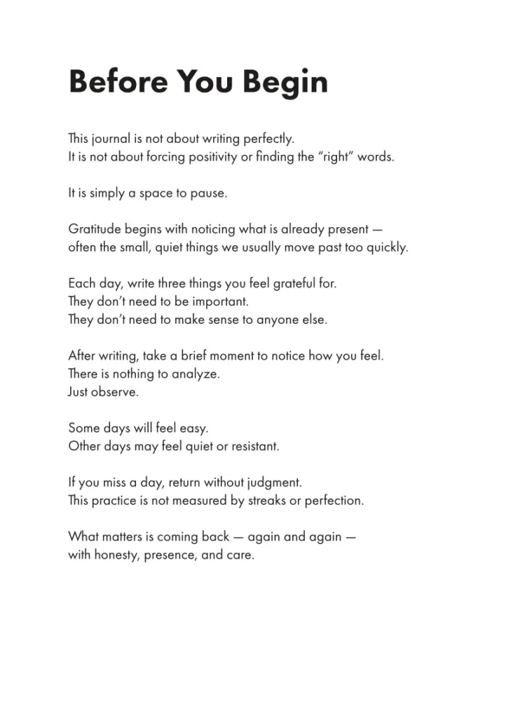 Before You Begin page from the free 30-day gratitude journal