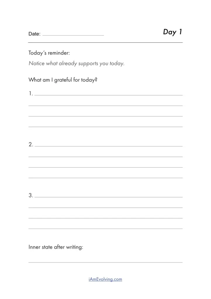 Daily page layout from the 30-day gratitude journal with gratitude prompts