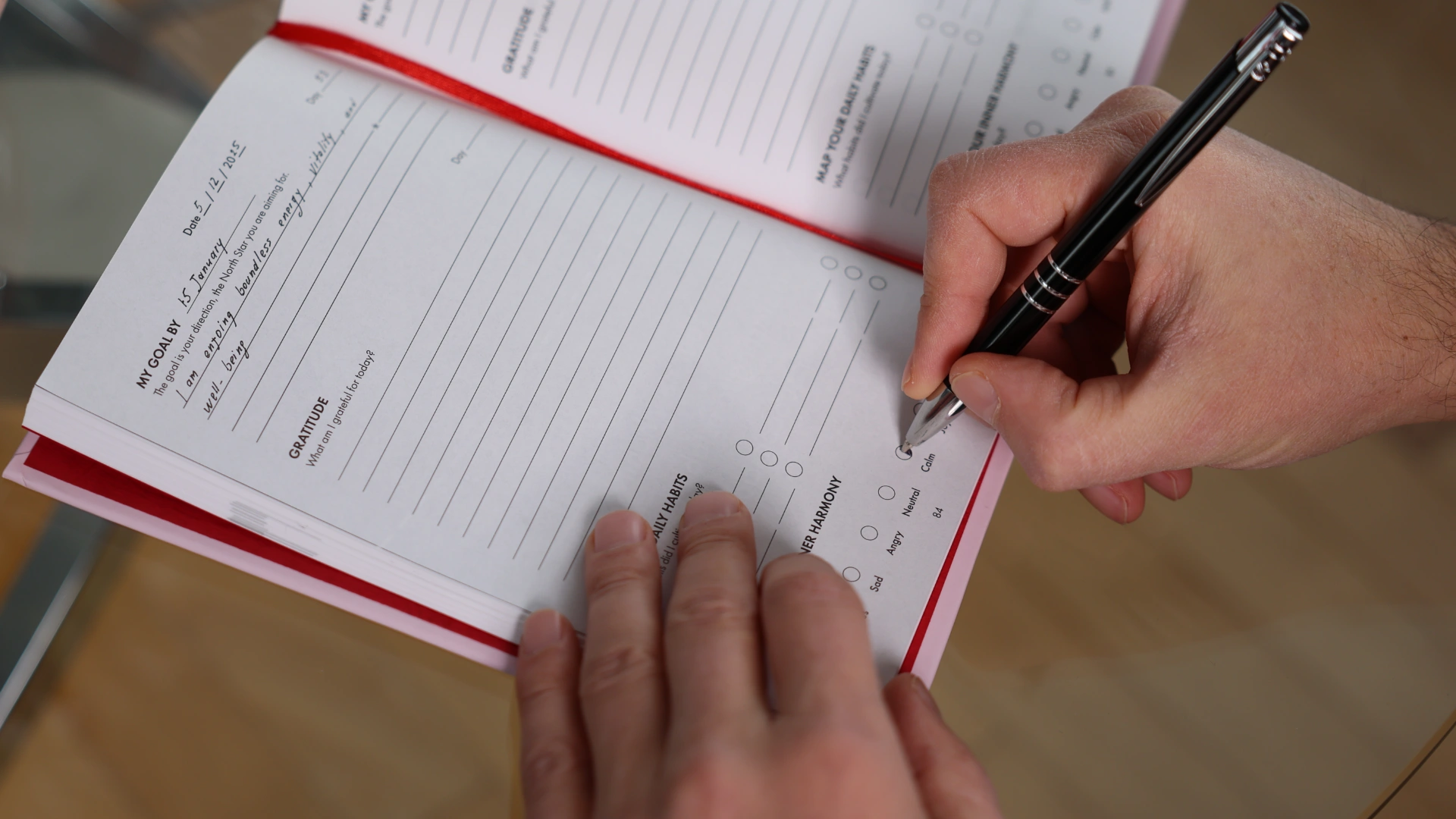 Writing in the iAmEvolving Journal, reflecting on emotions and daily balance.