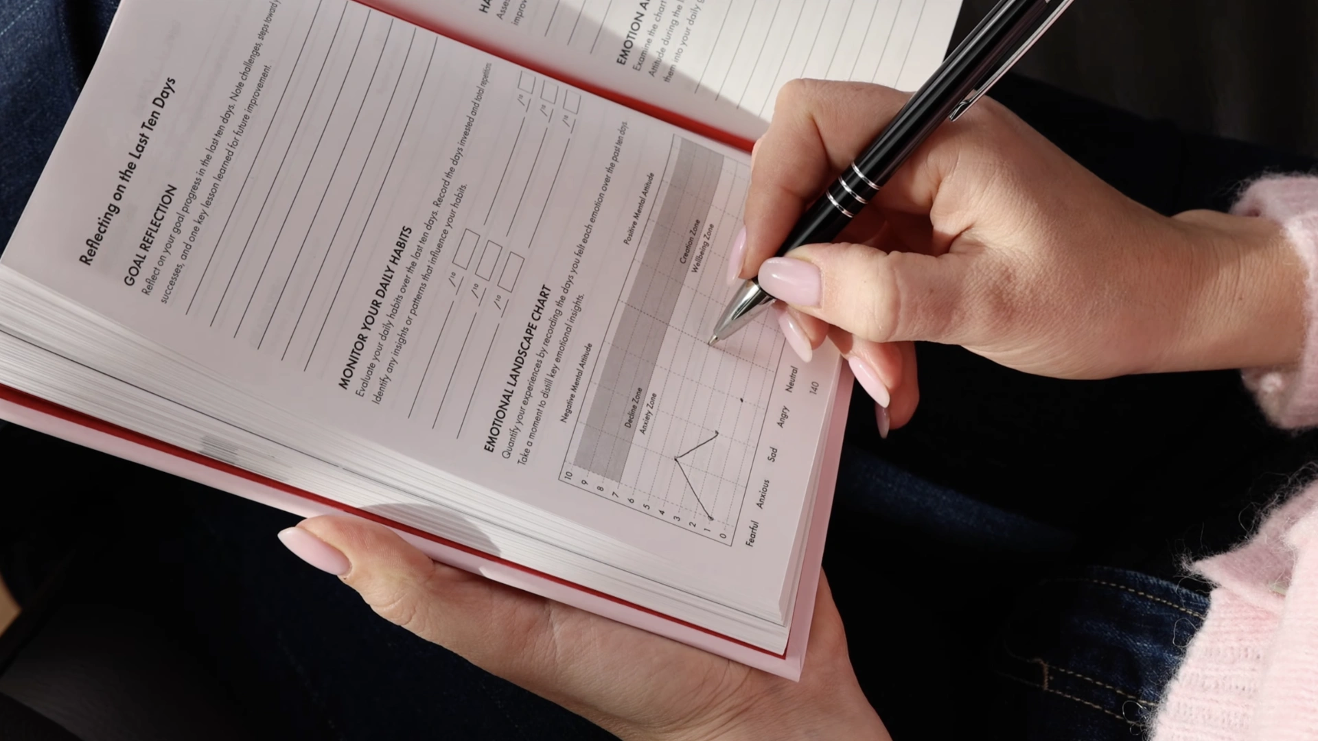 Writing in the iAmEvolving Journal, reflecting on emotions and tracking inner balance through the emotional landscape chart.