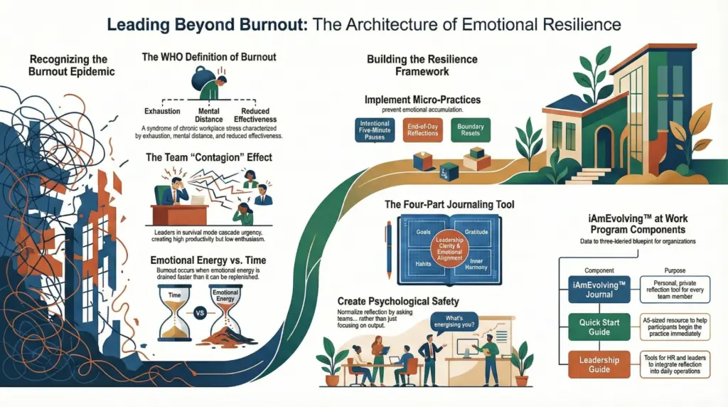 Leading Beyond Burnout: a framework for emotional resilience at work showing journaling, reflection, and team practices for leaders.