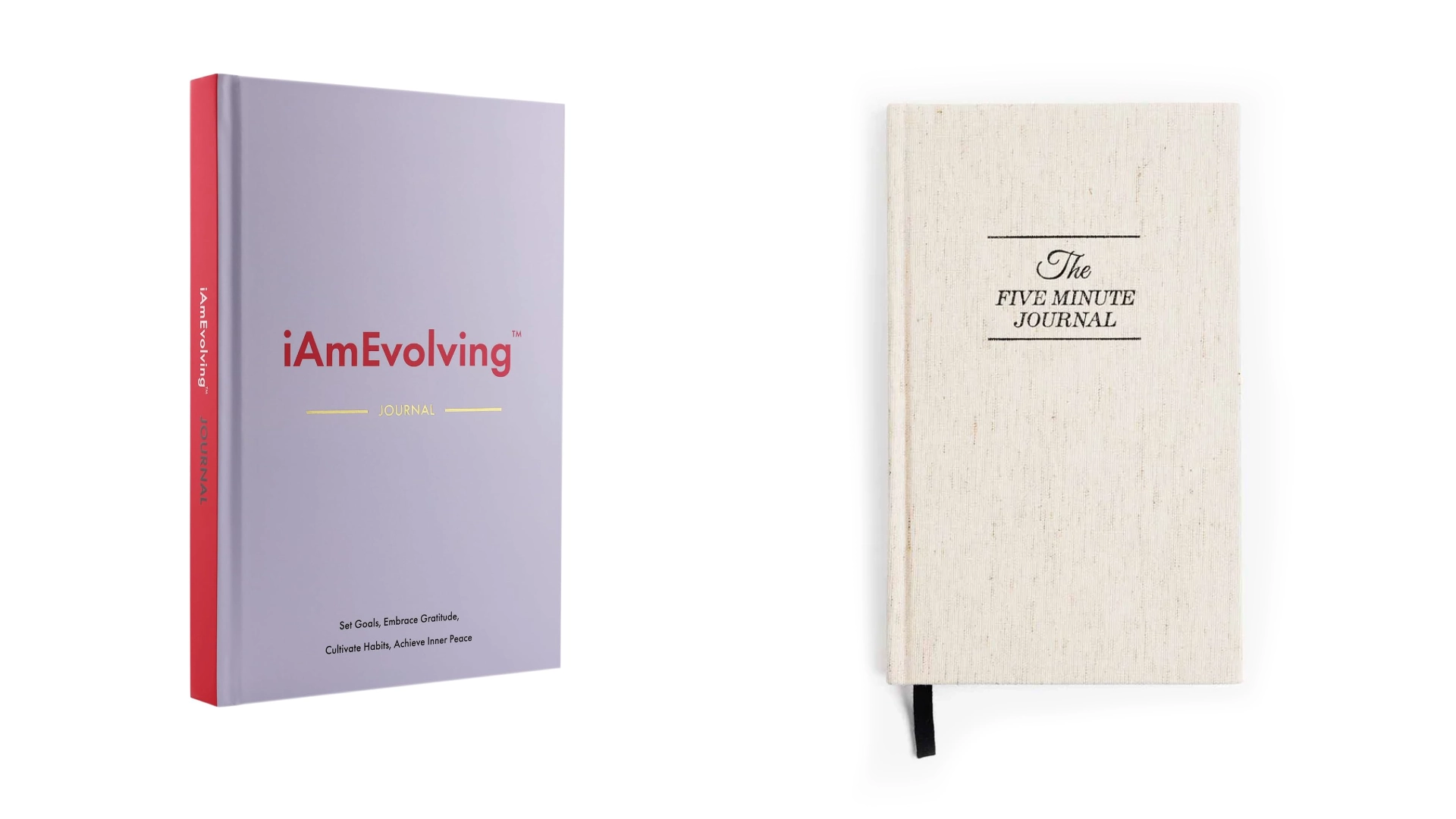 iAmEvolving Journal vs Five Minute Journal covers side by side for mindful journaling comparison
