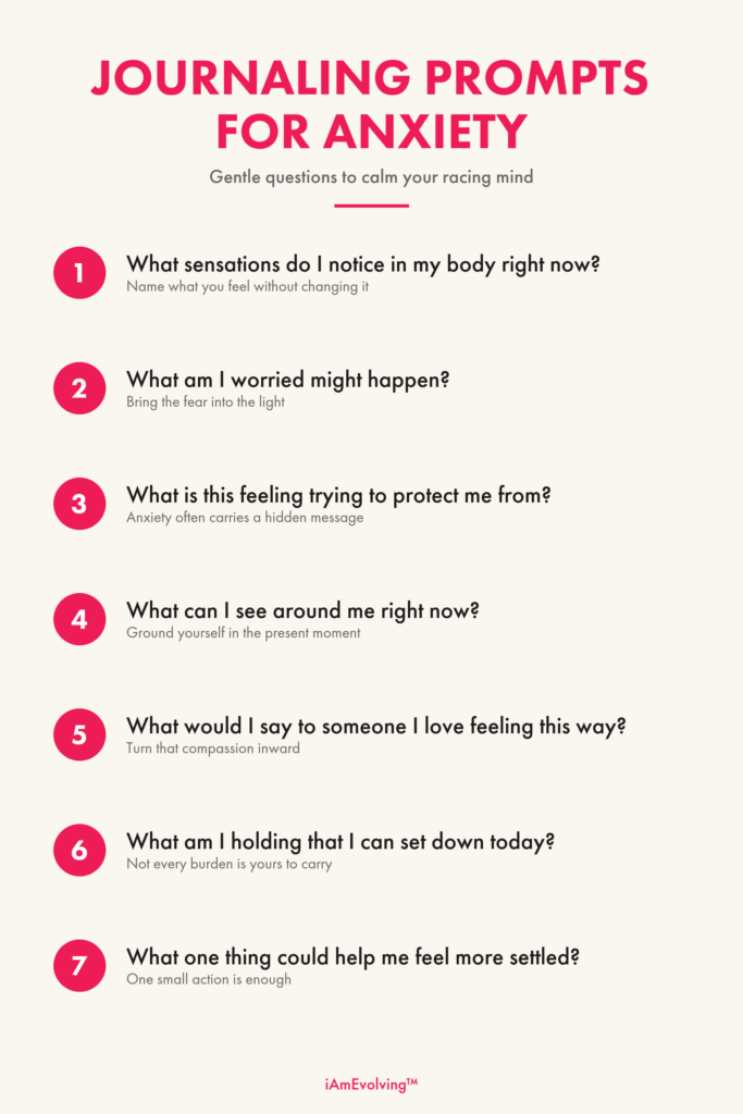 7 journaling prompts for anxiety relief infographic by iAmEvolving