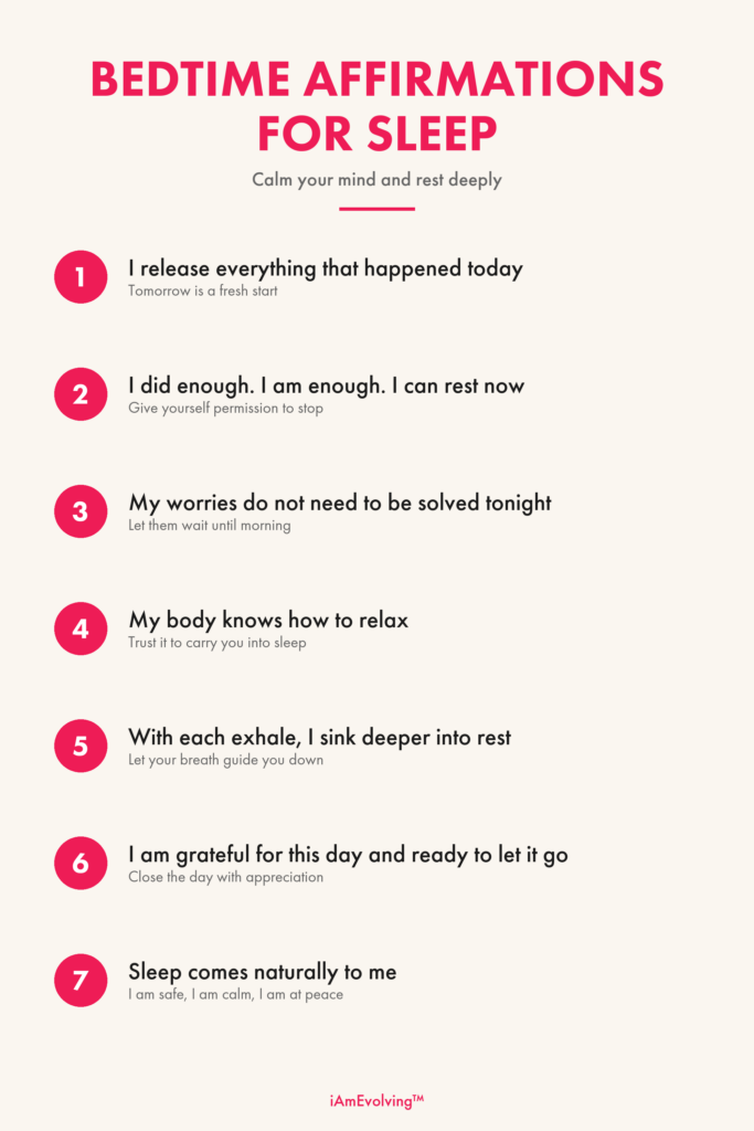 7 bedtime affirmations for deep restful sleep infographic by iAmEvolving