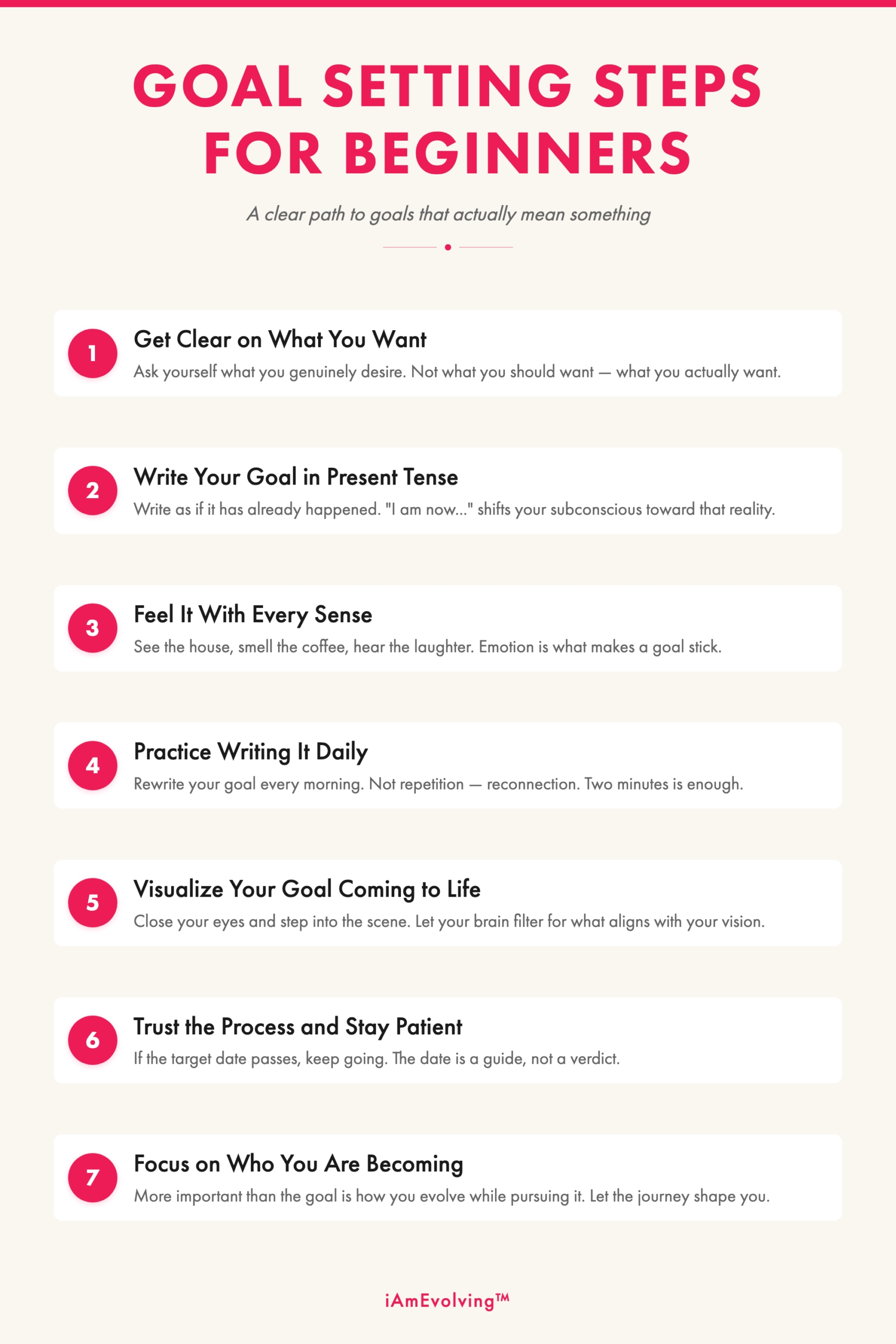 Infographic showing 7 goal setting steps for beginners including clarity, present tense writing, daily practice, and visualization