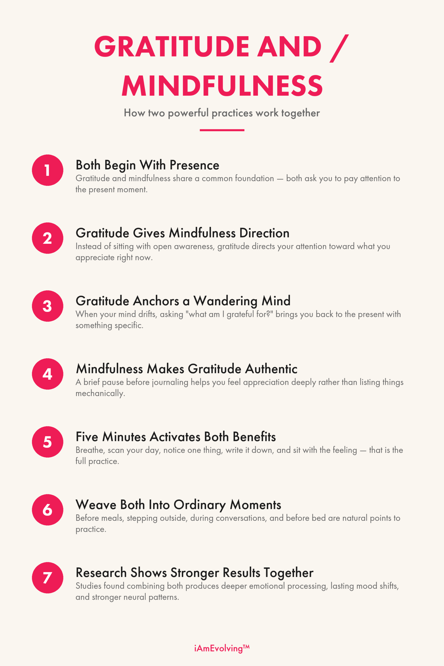 Infographic showing 7 ways gratitude and mindfulness work together, including anchoring a wandering mind, making gratitude authentic, and research-backed benefits of combining both practices