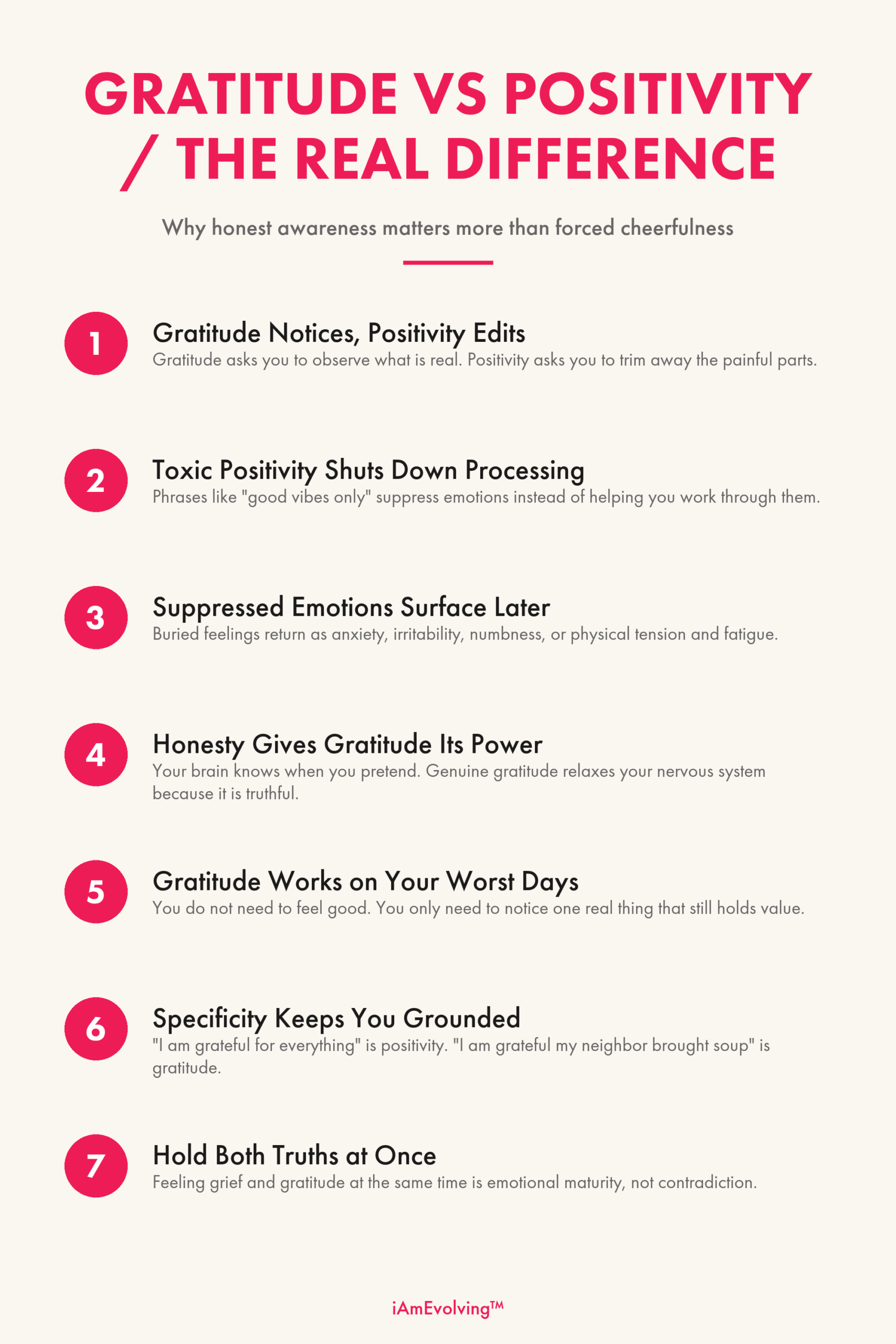 Infographic showing 7 key differences between gratitude and positivity, including why honest awareness matters more than forced cheerfulness