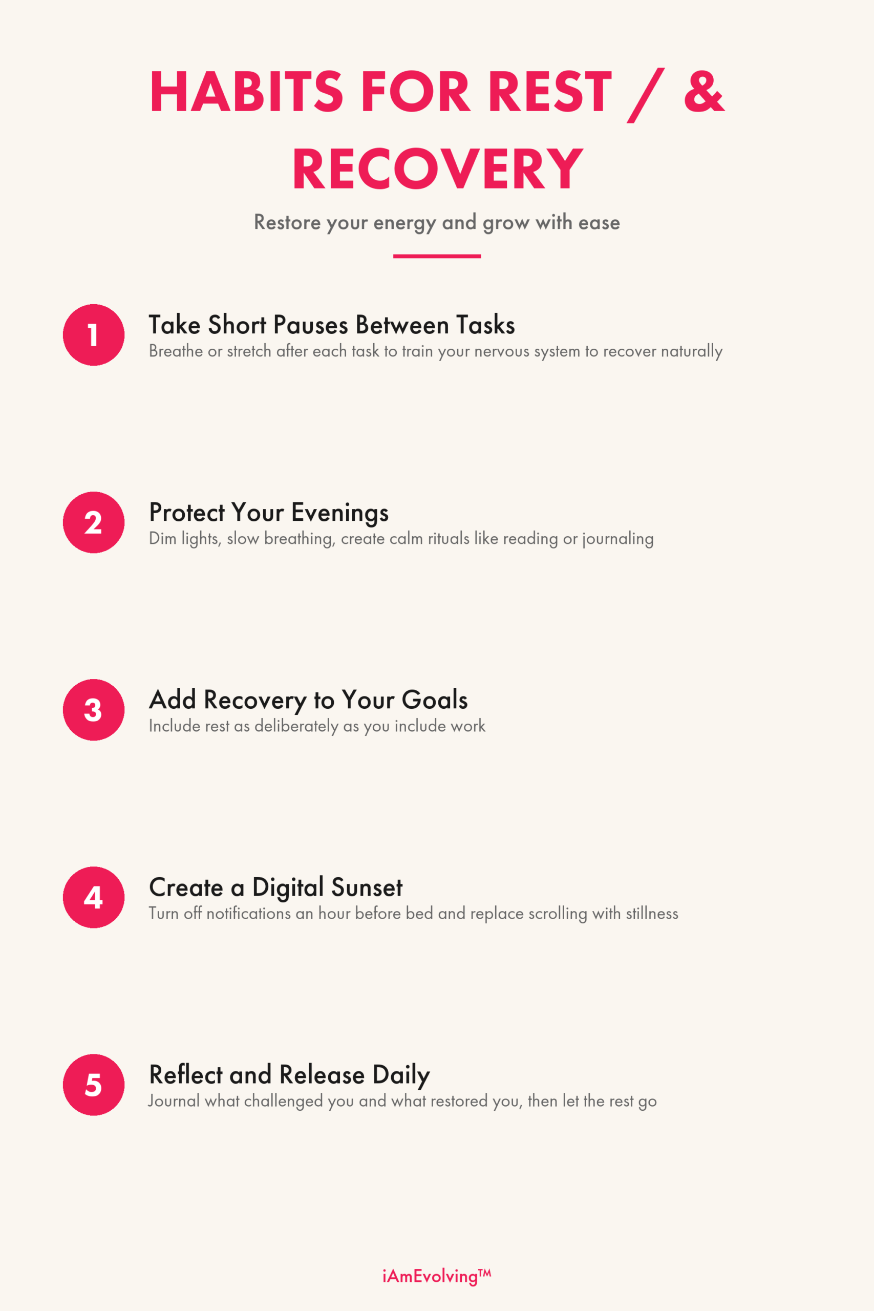 5 Habits for Rest and Recovery - infographic by iAmEvolving