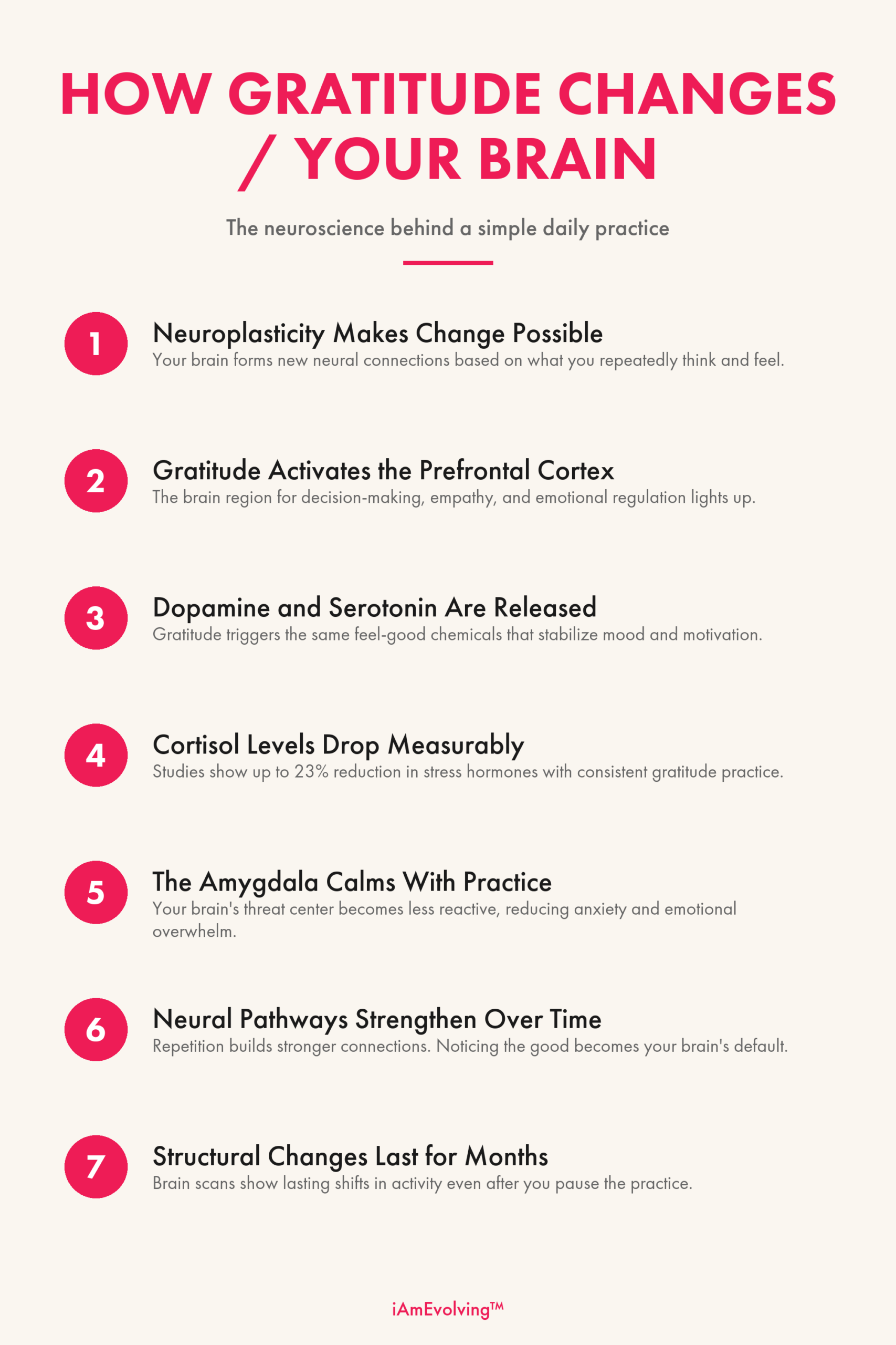 How gratitude changes your brain - 7 ways gratitude rewires your neural pathways, infographic by iAmEvolving