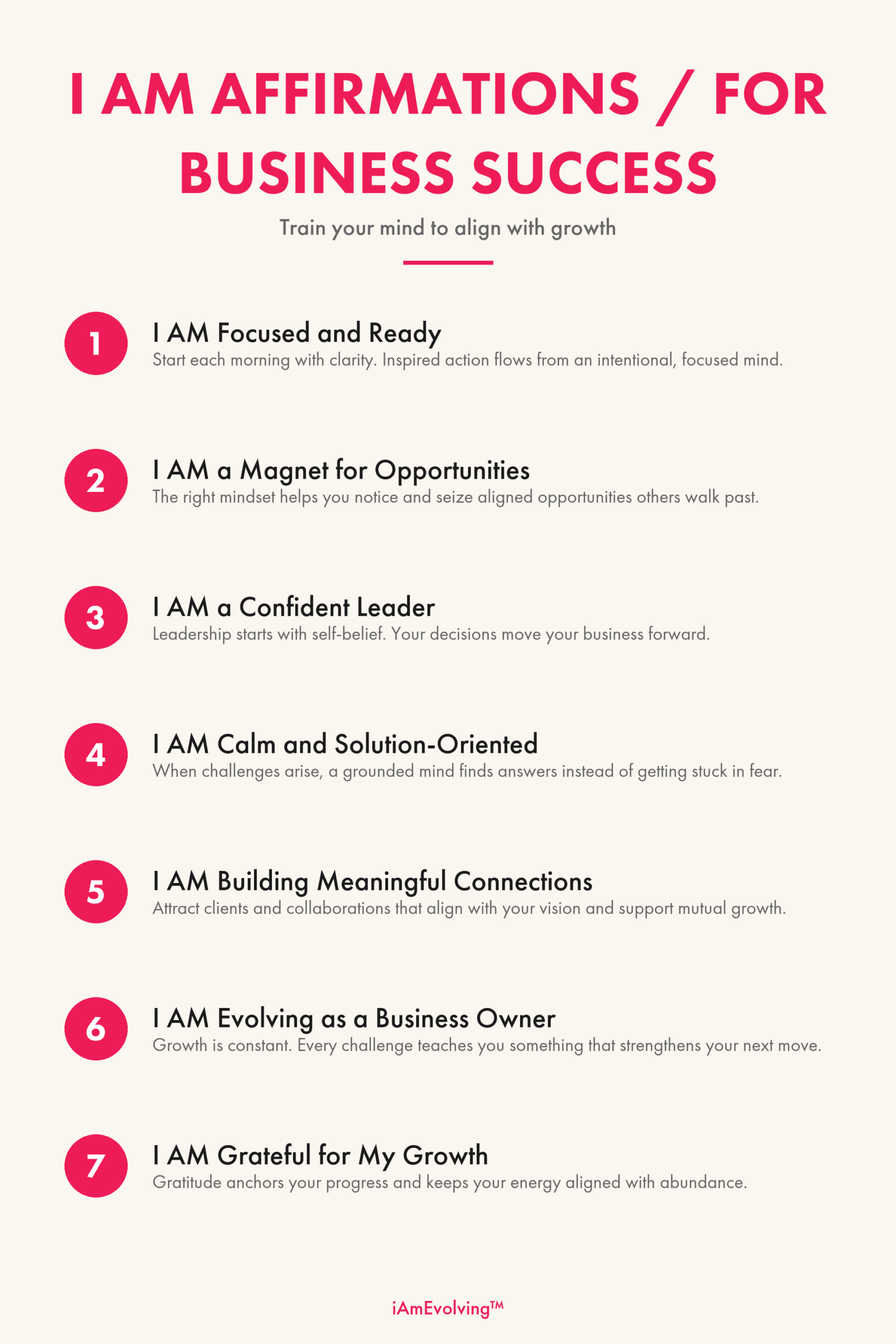 Infographic showing 7 I AM affirmations for business success, including focus, leadership, confidence, and attracting opportunities