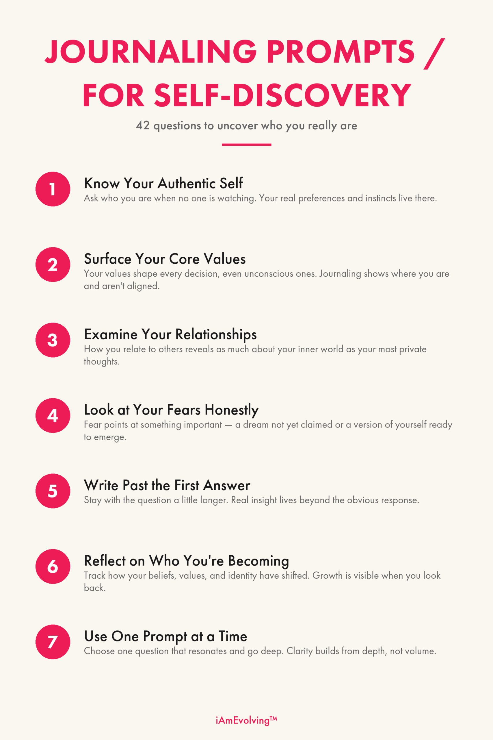 Infographic showing 7 key insights for journaling prompts for self-discovery including knowing your authentic self, values, relationships, and facing fear