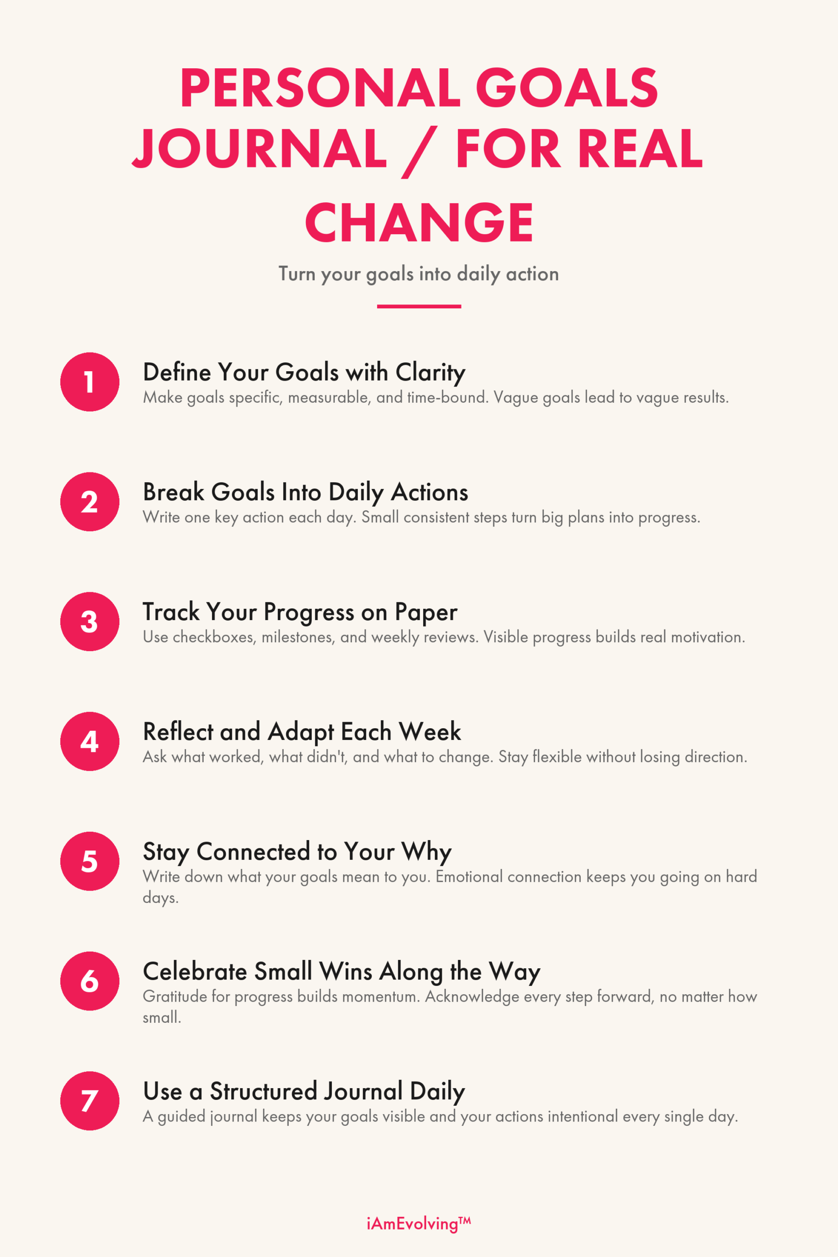 Personal goals journal infographic showing 7 steps to turn goals into daily action using a structured journal