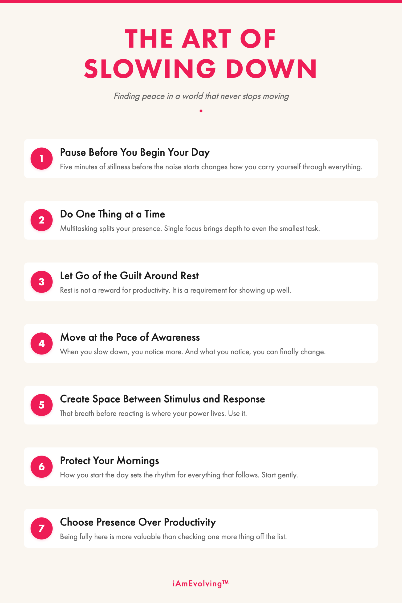 The art of slowing down - infographic with practical ways to find peace in a fast-paced world