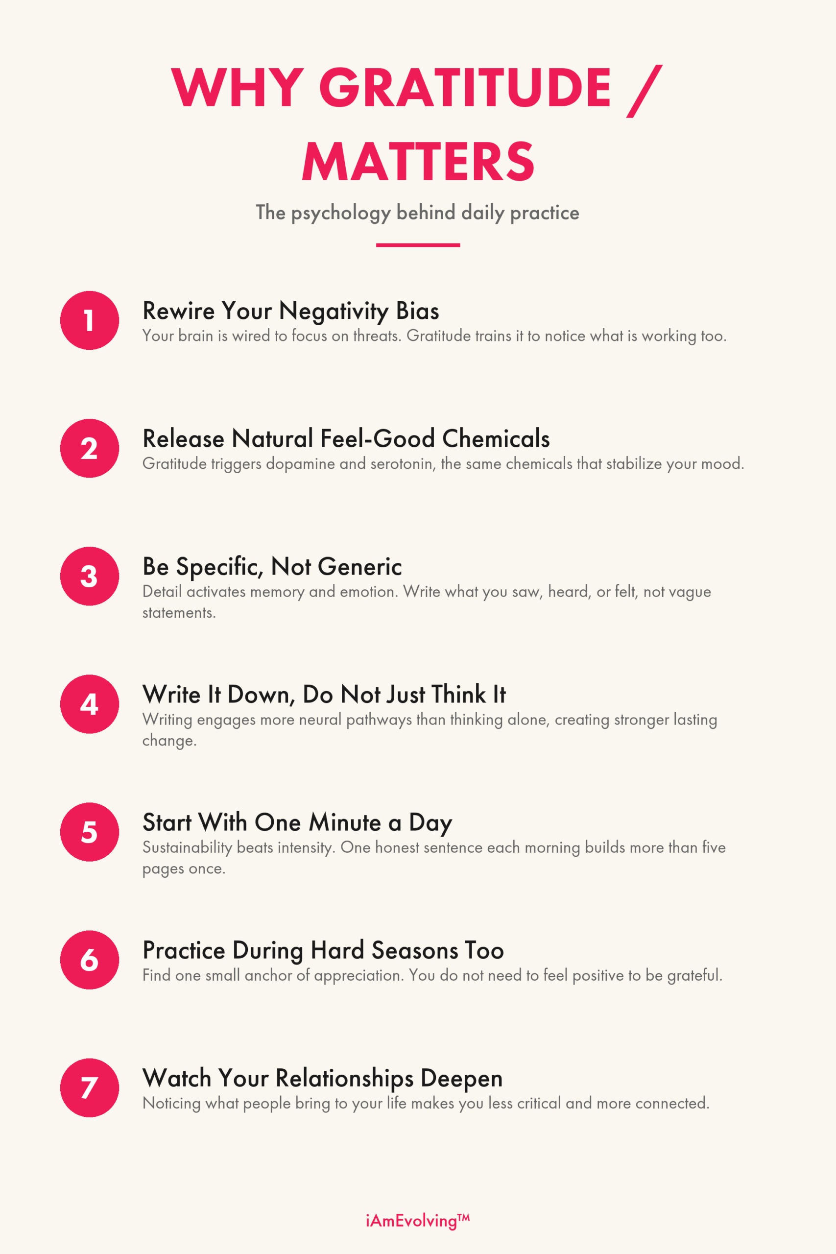 Why gratitude matters infographic showing 7 psychology-backed reasons to practice daily gratitude