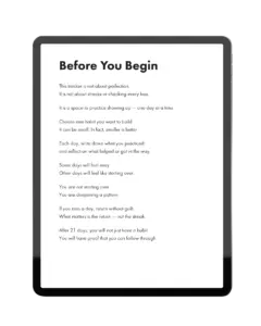 21-Day Habit Tracker before you begin introduction page with guided instructions on tablet