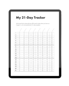 21-Day Habit Tracker visual grid page with 8 habit columns and 21 daily rows on tablet