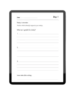 Day 1 daily page from the free 30-day gratitude journal with guided prompts