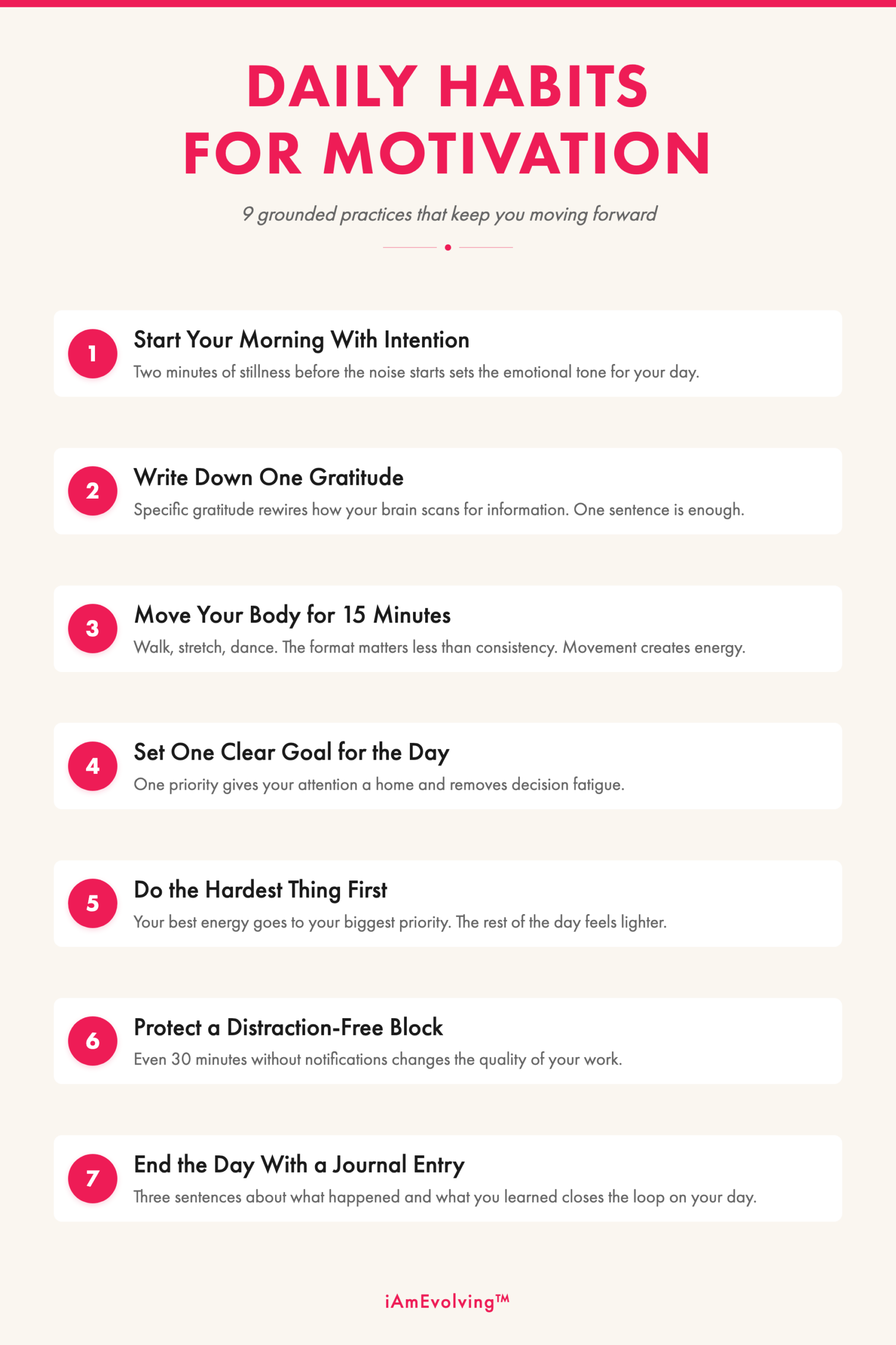 Infographic showing 7 daily habits for motivation including morning intention, gratitude, movement, goal setting, deep work, distraction-free time, and journaling
