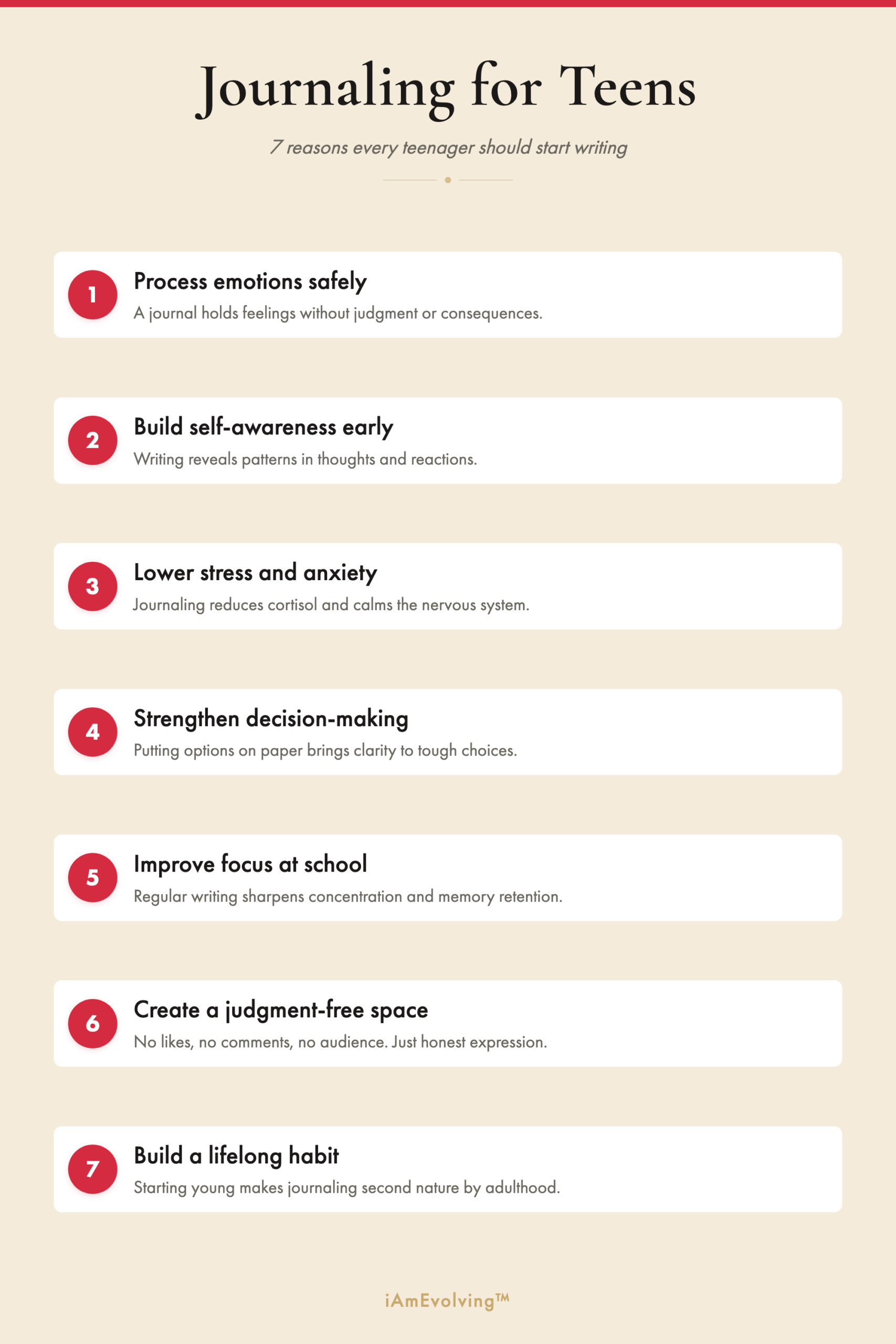 Infographic listing 7 reasons every teenager should start journaling, including processing emotions, building self-awareness, and lowering stress