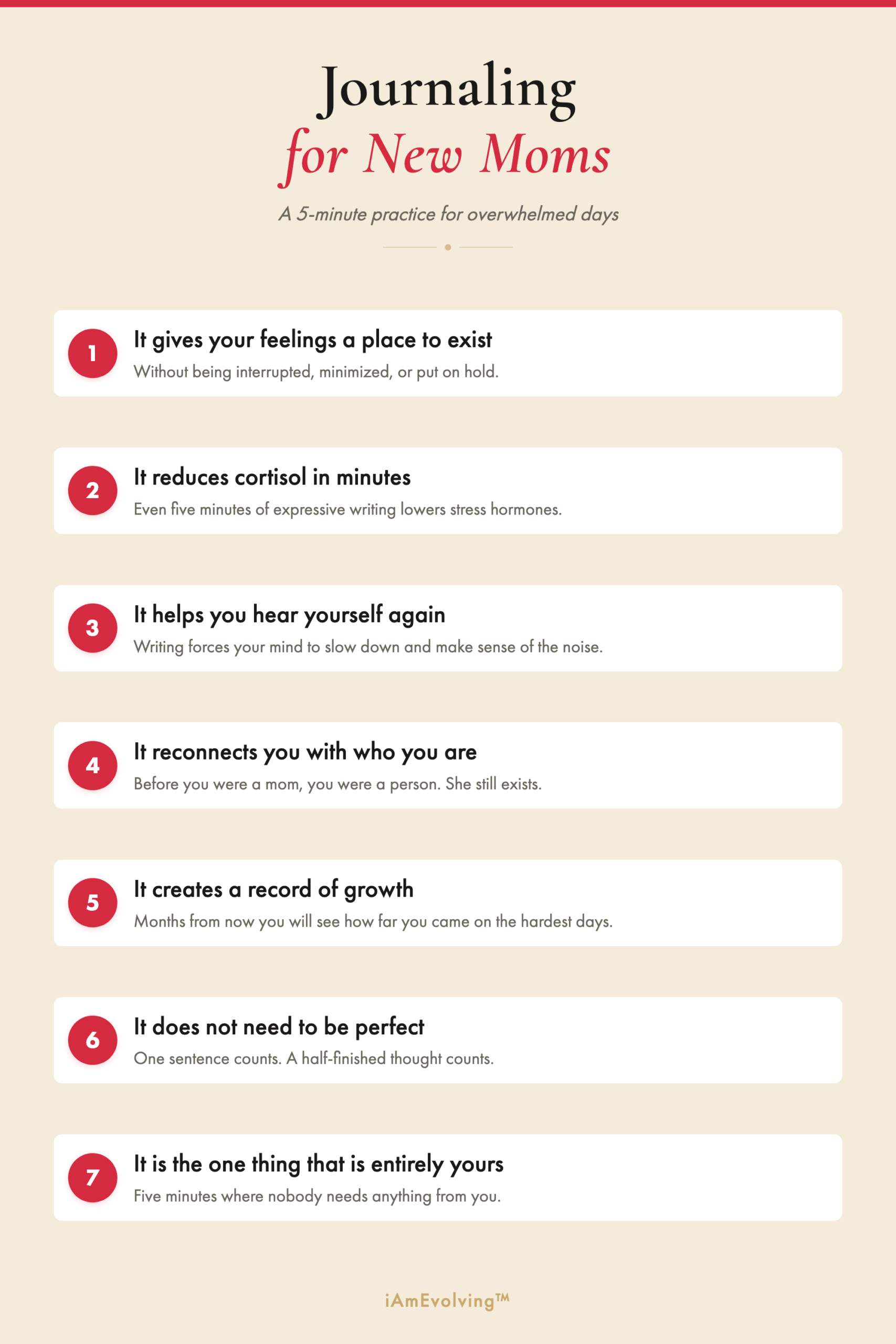 Journaling for New Moms infographic showing seven gentle reasons why a five-minute writing practice supports overwhelmed mothers.