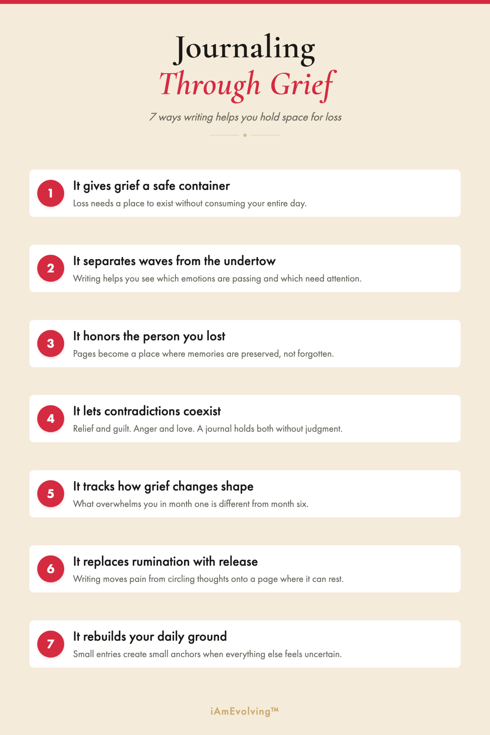 Infographic showing 7 ways journaling helps you hold space for grief and loss