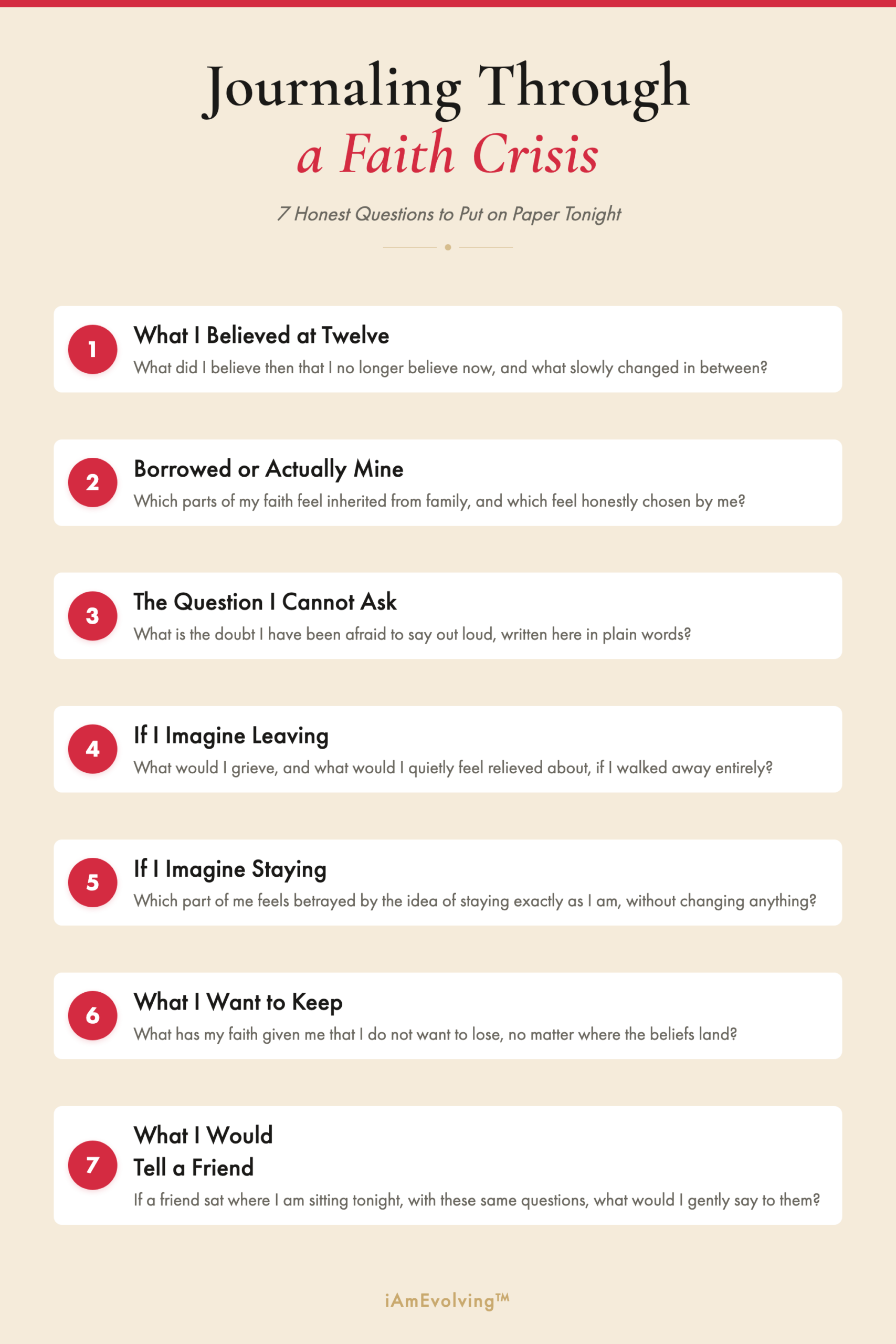 Pinterest infographic with 7 honest journaling questions to start journaling through a faith crisis