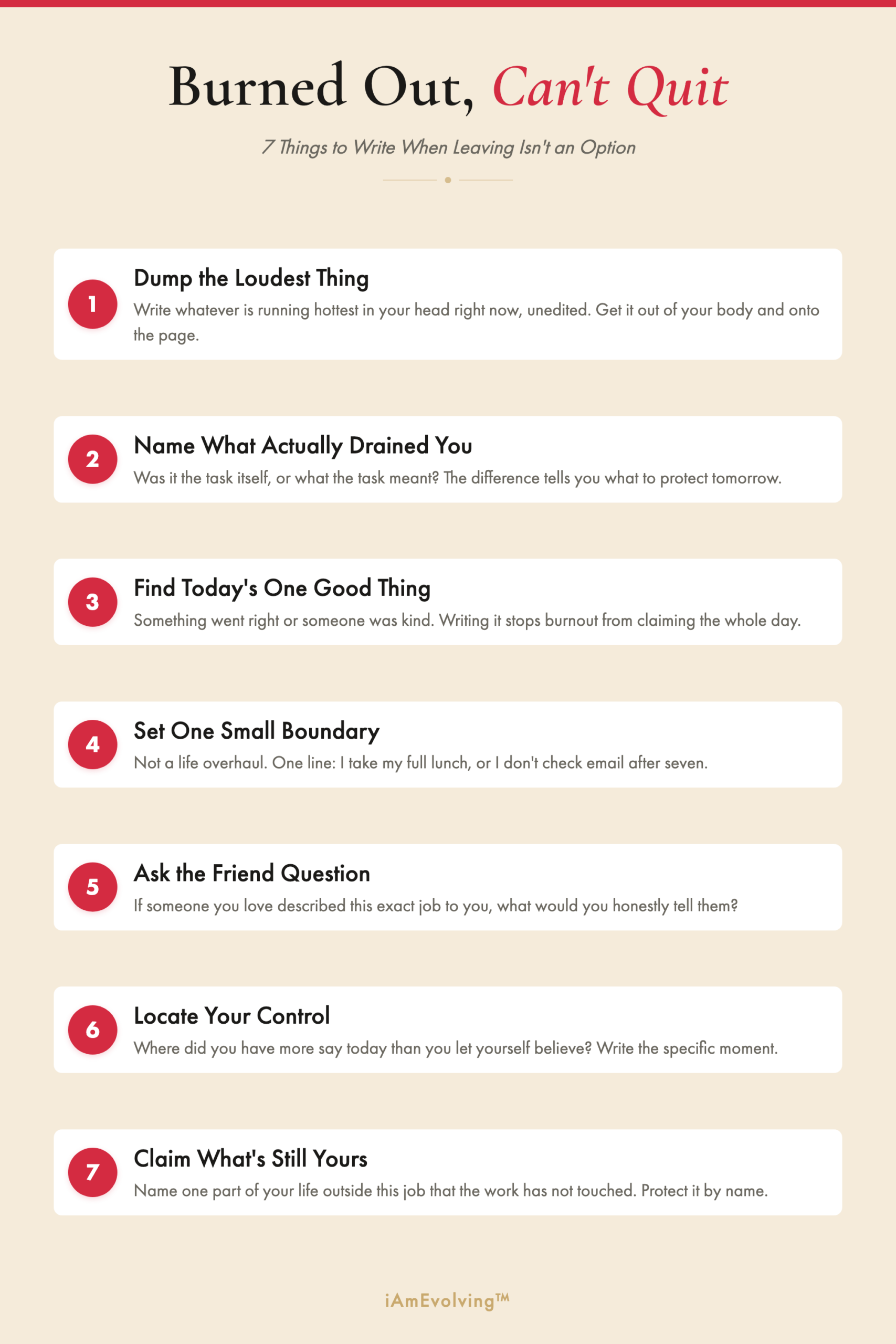 Seven journaling prompts for when you are burned out at work but cannot quit, from dumping the loudest thought to claiming what is still yours