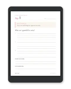 Day 1 page of the gratitude journal with a noticing cue, three gratitude entries and one detail to remember